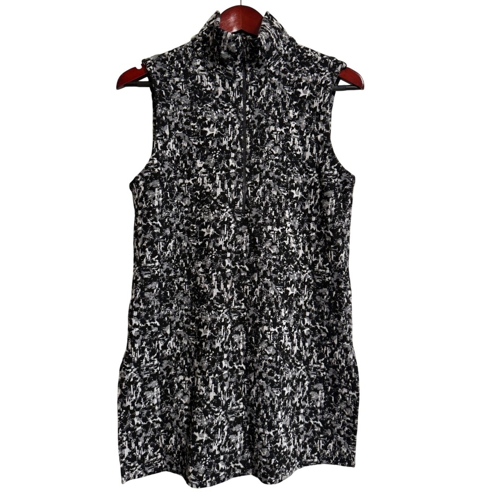 Snoskins Womens Small Black White Abstract Star Mock Neck Zip Tunic Top USA Made